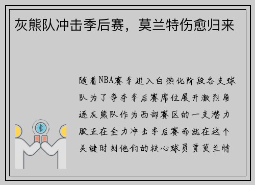 灰熊队冲击季后赛，莫兰特伤愈归来