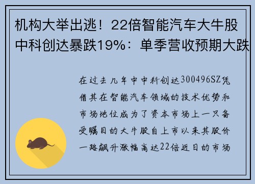 机构大举出逃！22倍智能汽车大牛股中科创达暴跌19%：单季营收预期大跌