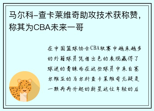 马尔科-查卡莱维奇助攻技术获称赞，称其为CBA未来一哥