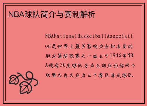 NBA球队简介与赛制解析