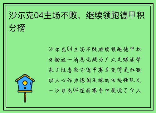 沙尔克04主场不败，继续领跑德甲积分榜